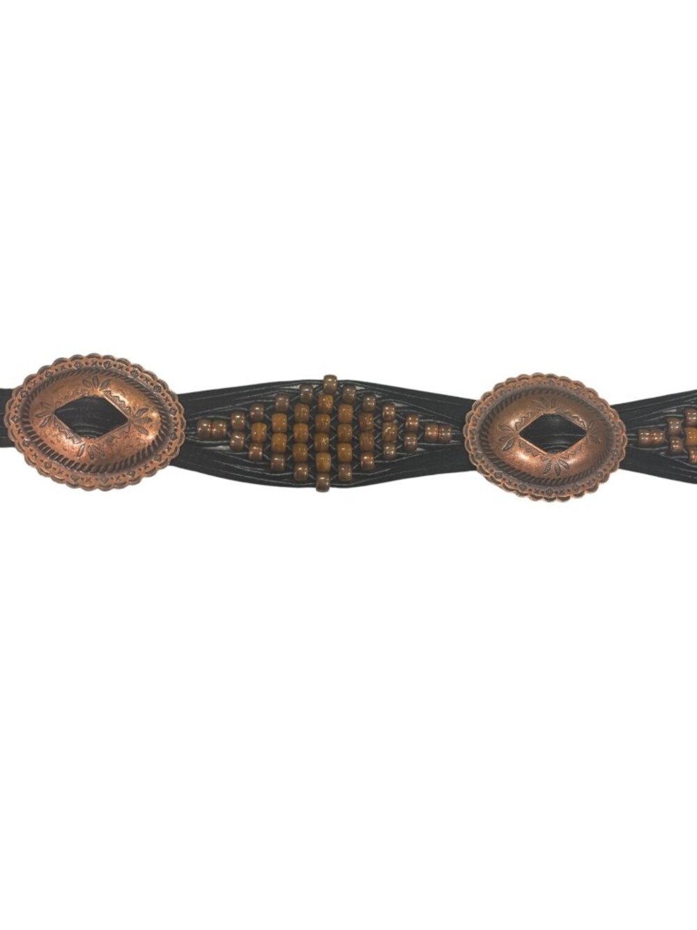 Vintage Western Leather Beaded Concho Belt Black Copper Boho 64” Long - Picture 4 of 6